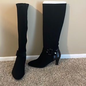 Black faux suede boots with 2 inch heel.